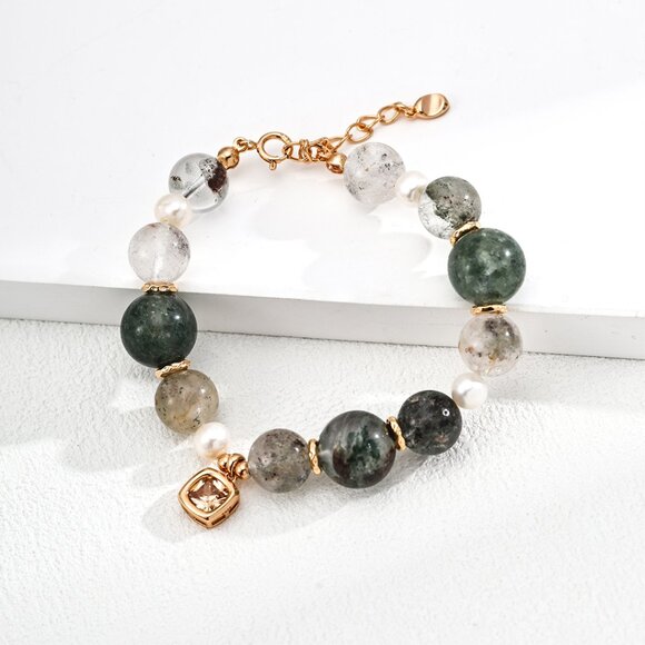 Handmade Jewelry - 🌿 Artisan Original Design Green Phantom "Garden" Quartz & Pearl Bracelet | S925